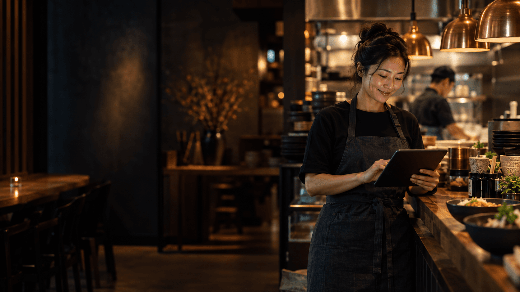 A restaurant owner working with a tablet in her restaurant